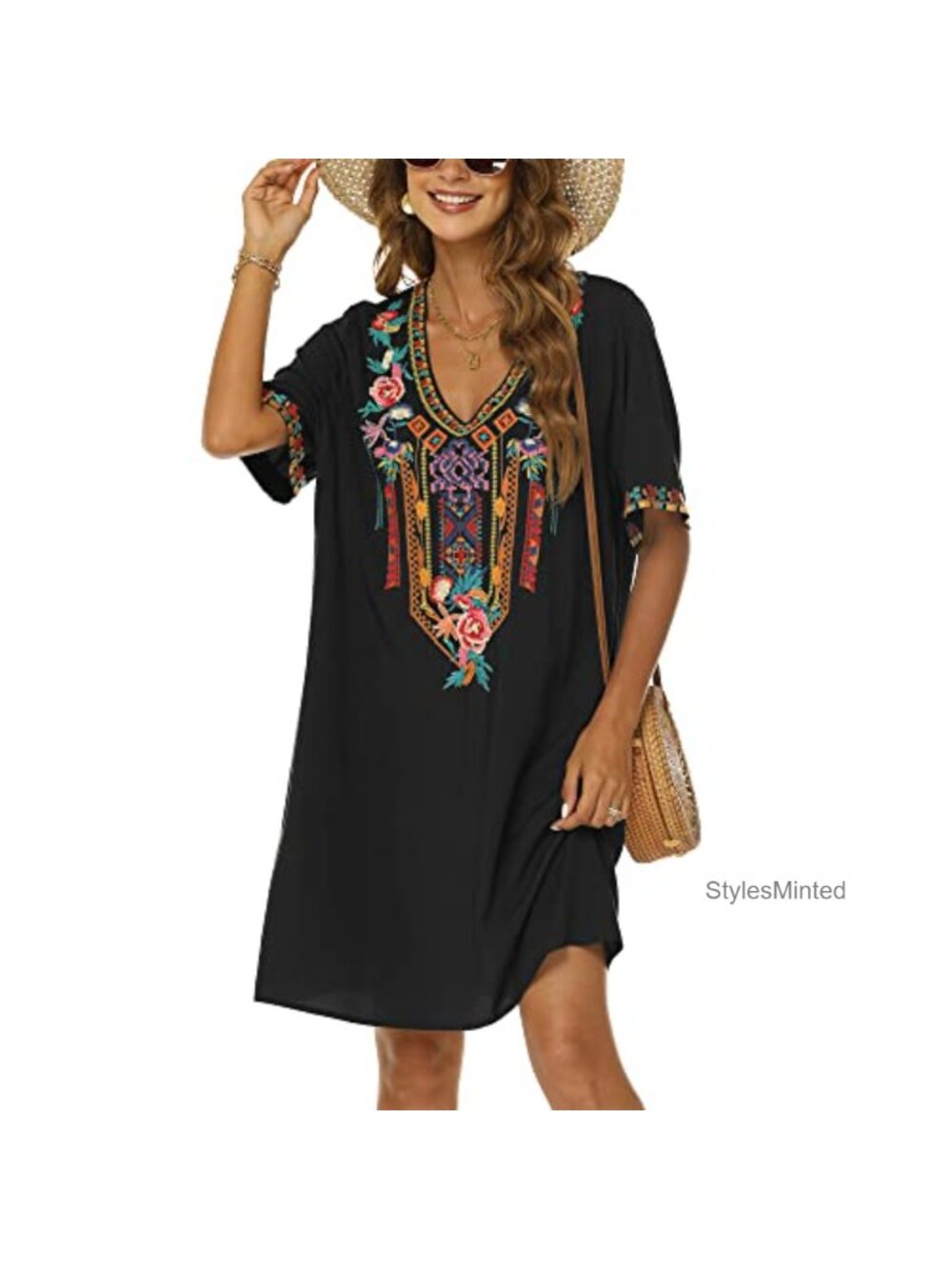 Women's Embroidered Mexican Peasant Dress Plus Size Boho Floral Tunic V-Neck